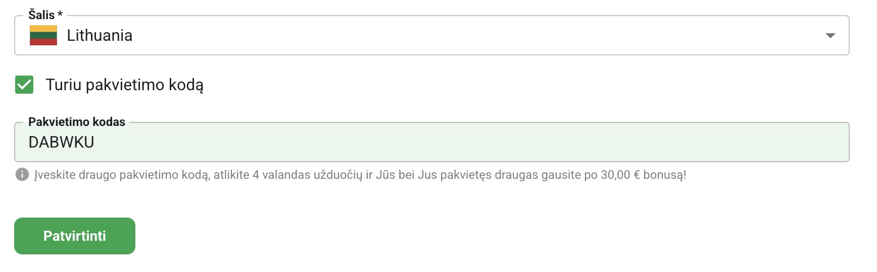 Tasku registracijos forma su pakvietimo kodu DABWKU